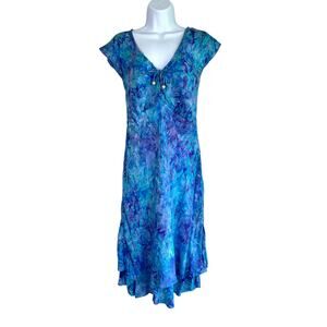 Vintage Nomadic Traders Babydoll Floral Batik Tiered Midi Dress Womens S 90s‎